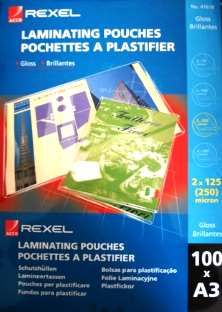 Rexel 41618 A3 Laminating Pouch Gloss 250 Micron Box 100